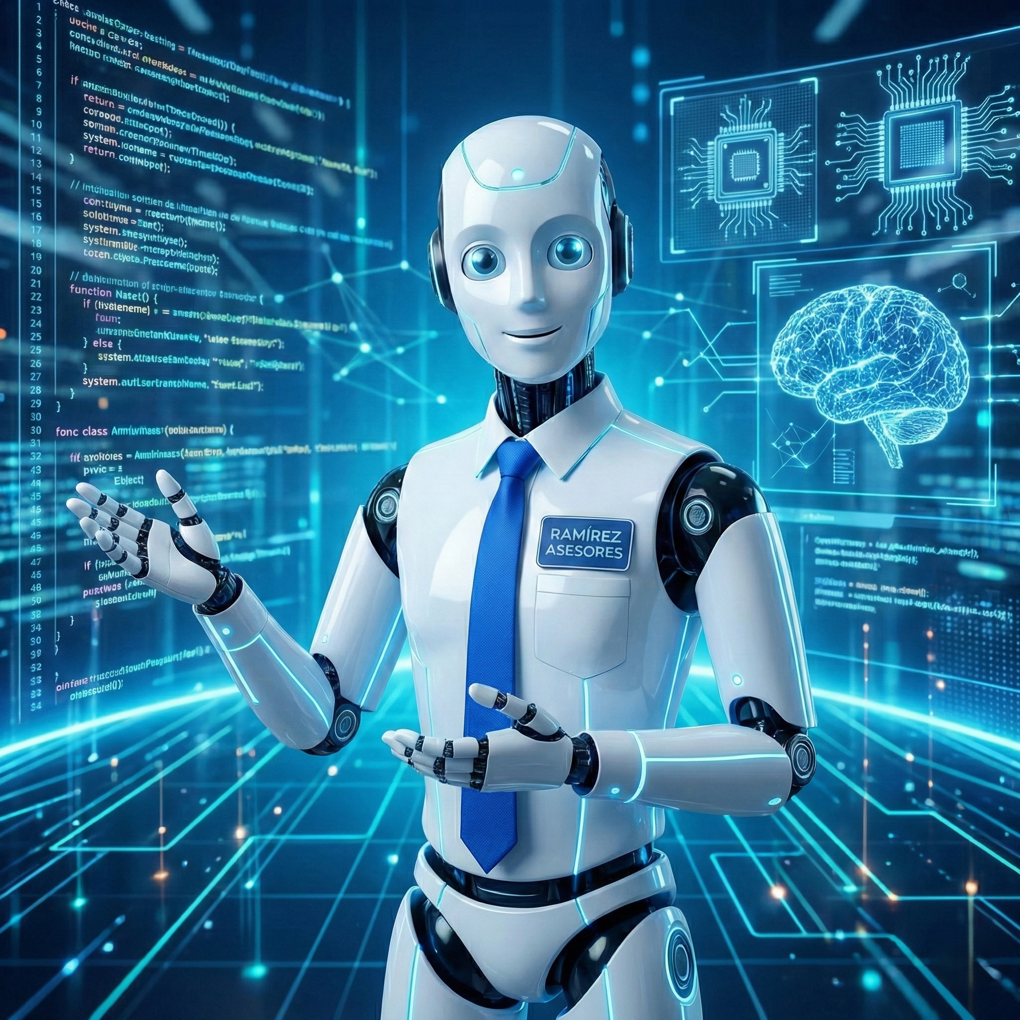 Agente IA de Ramírez y Asesores - Robot profesional con corbata azul